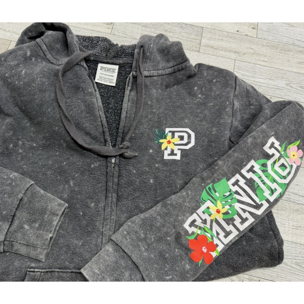 Victorias Secret PINK‎ Gray Full Zip Hoodie Sweater Tropical Hawaiian Flowers SM